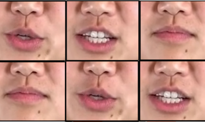 Images of a woman's mouth pronouncing various words. 