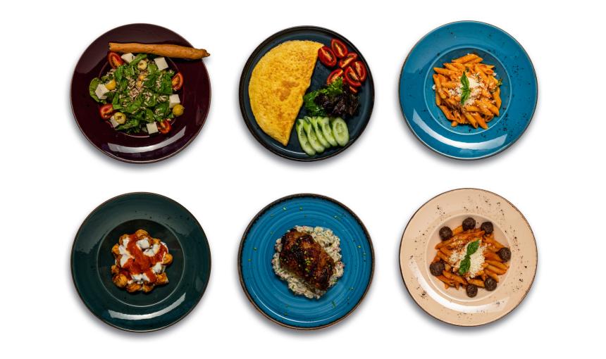 Six plates depicting different types of food