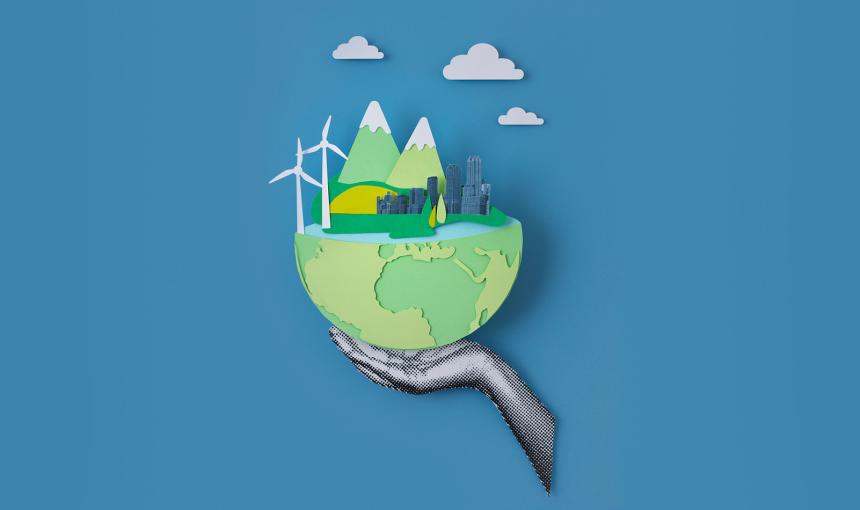 Illustration of the world with images of buildings, mountains, and wind turbines.