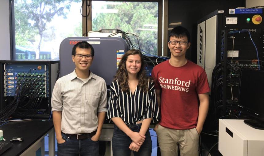 From left, Will Chueh, associate professor; Tanya Jomaa, high school summer intern; and Haitao “Dean” Deng, PhD ’21. 