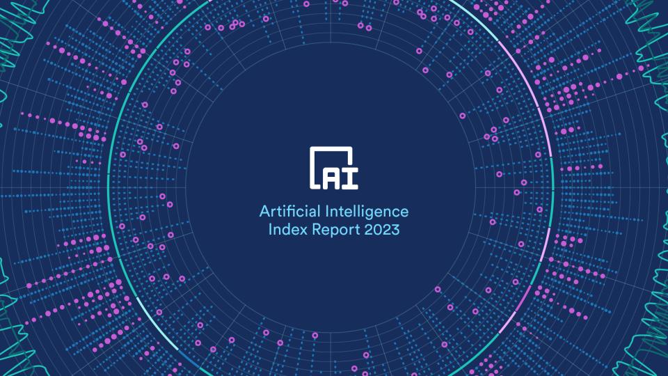 Illustration of digital dots and lines making up the logo for the 2023 AI Index