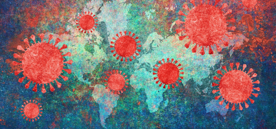 Images of coronavirus across a world map