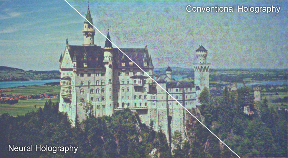 Comparison of conventional and neural holography on a image of a castle