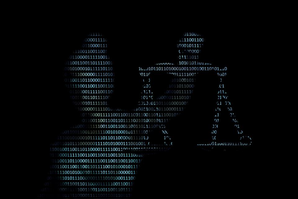 An illustration of Lady Justice made of binary code.