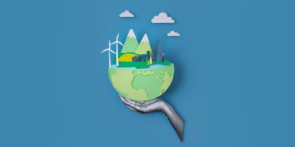 Illustration of the world with mountains, buildings, and wind turbines.