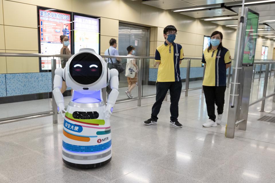 A robot assistant at the MTR Tuen Ma Line To Kwa Wan Station in Kowloon, Hong Kong