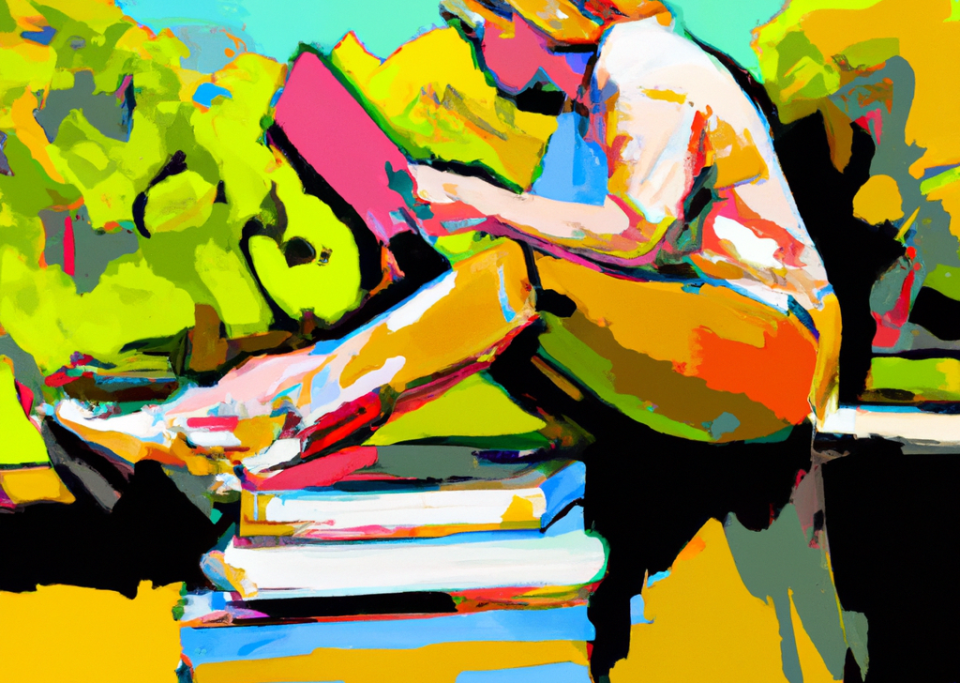 DALL-E painting of a woman reading from a stack of books
