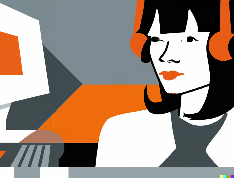 Illustration of woman in headphones working on a computer