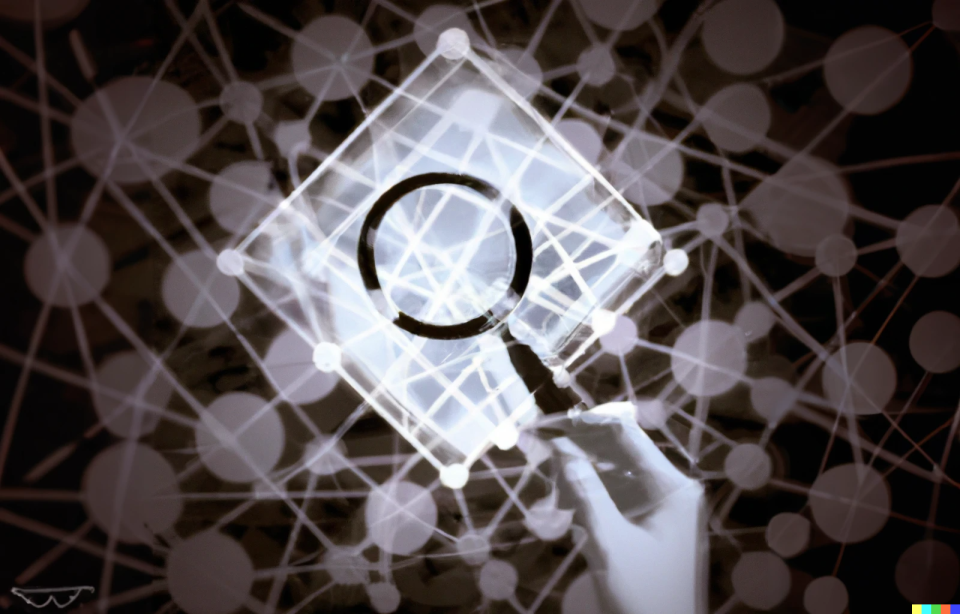painting of dark messy technology network with a white square glass lens like a magnifying glass being held up by a hand