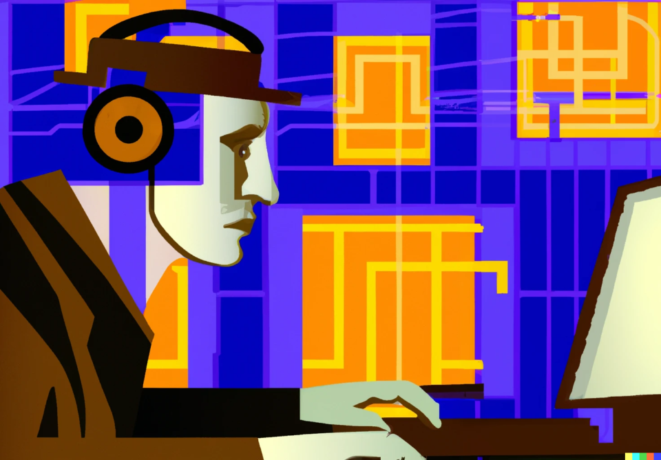art deco image of person wearing headphones while looking at a computer