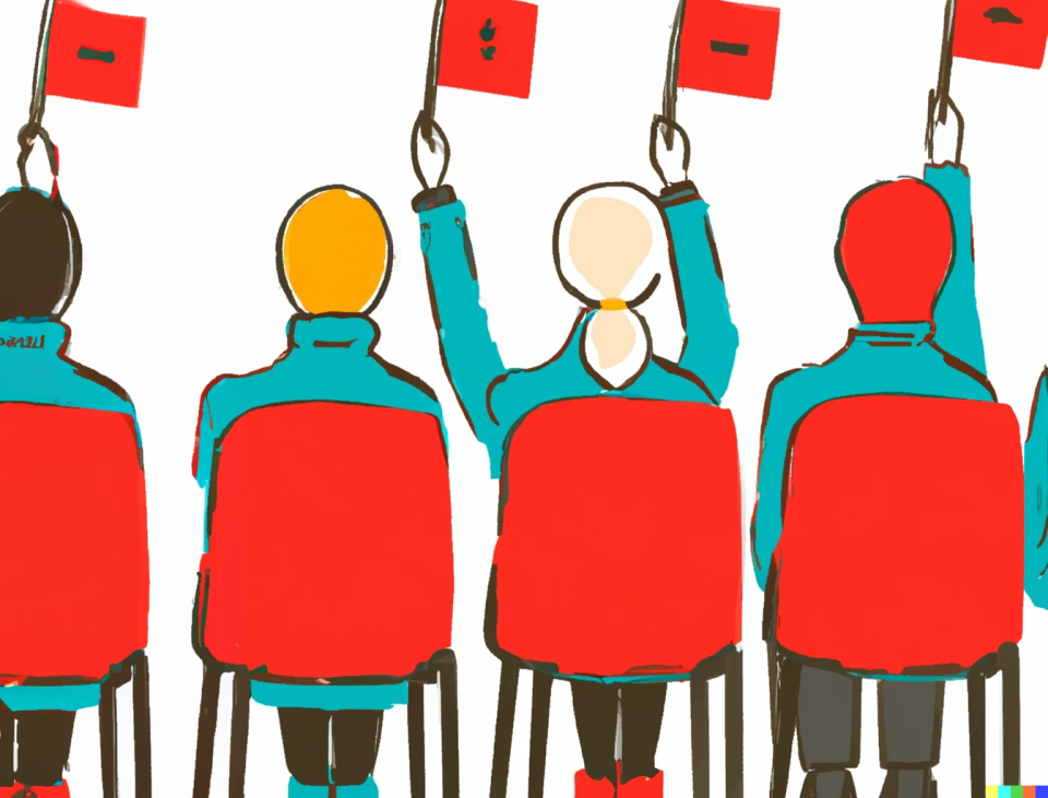 Illustration of the backs of four people in chairs with three of the people raising small red flags