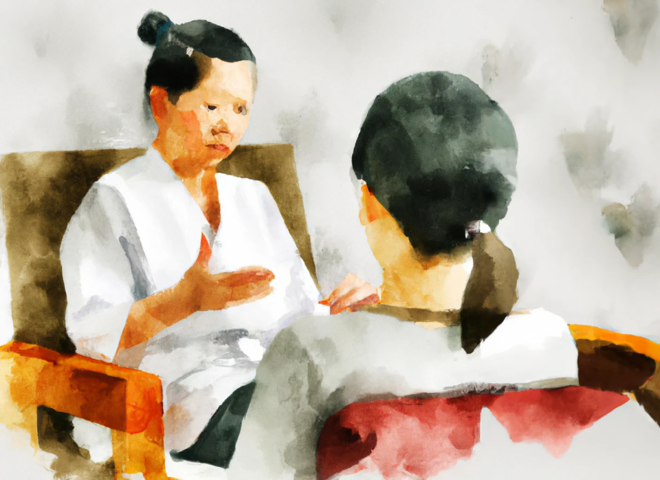 pencil and watercolor image of a therapist and a patient in conversation