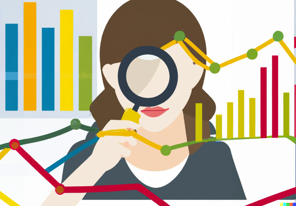 Illustration of a woman looking through a magnifying glass at charts and graphs showing accuracy levels