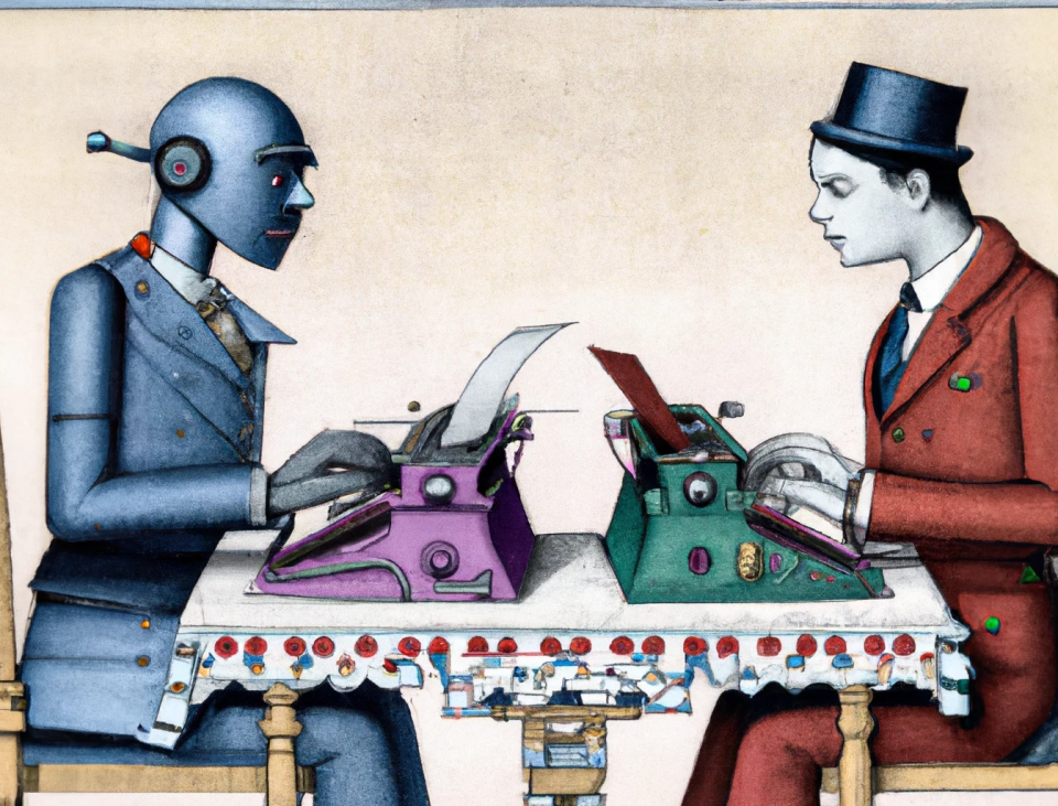 illustration of a victorian era human and a robot typing at typewriters across a table from each other