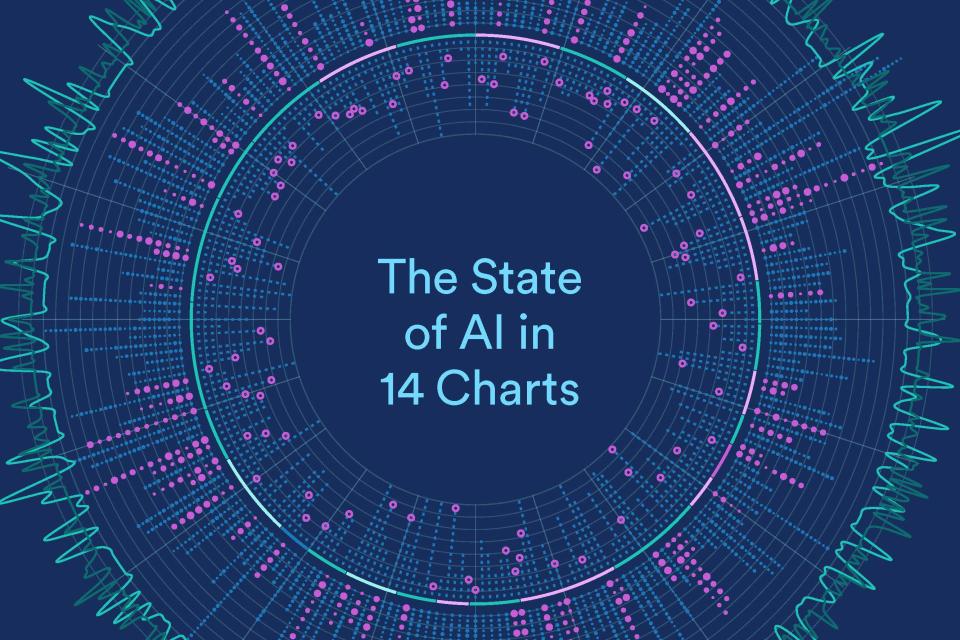 Illustration of dots and lines with the text "State of AI in 14 charts"