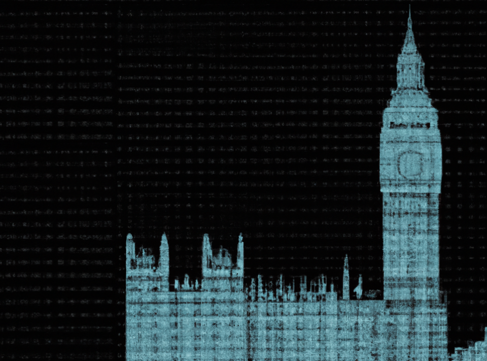Illustration of Big Ben and British Parliament in computer code