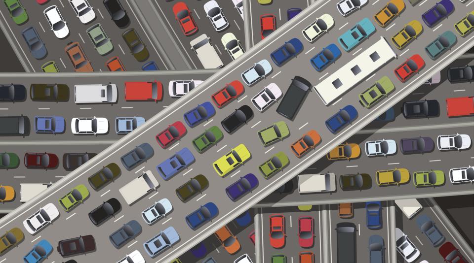 illustration of multiple freeway lanes filled with car traffice