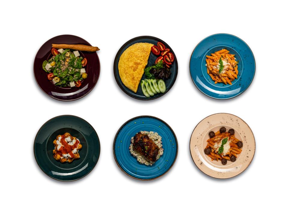 Six plates depicting different types of food