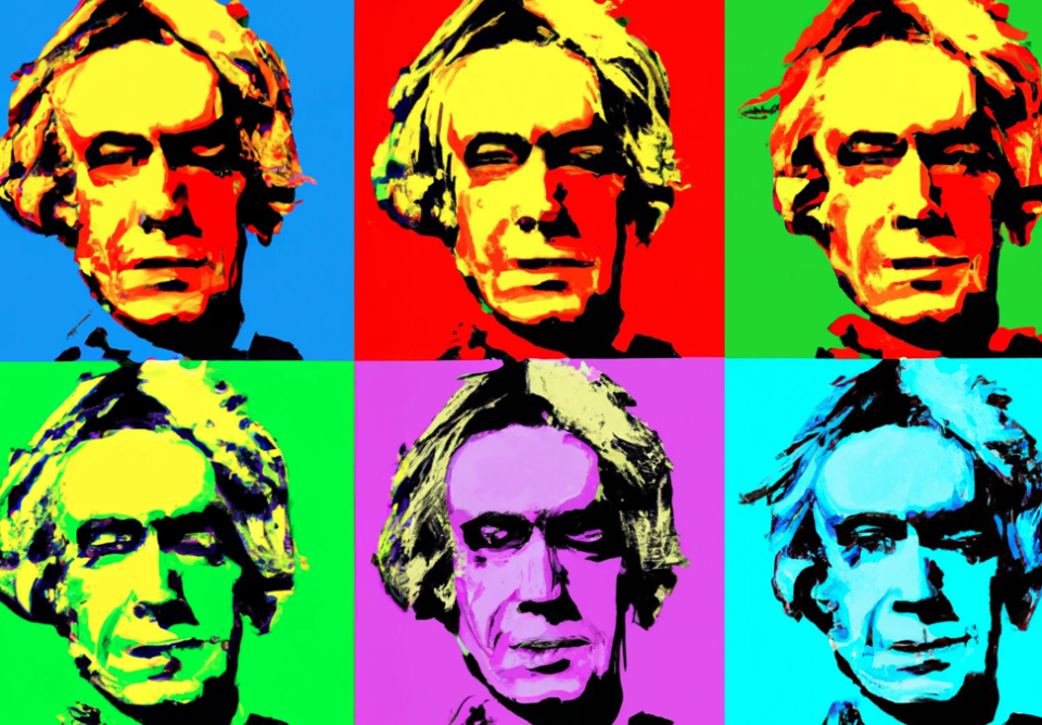 DALL-E-generated image of Andy Warhol done in the style of Warhol's paintings