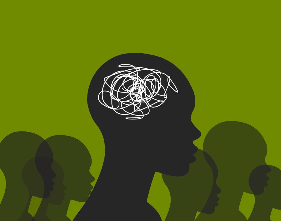 Illustration of a stressed human mind in a crowd on a green background