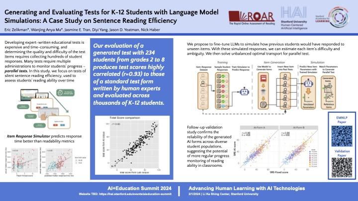    Generating and Evaluating Tests for K-12 Students with Language Model Simulations: A Case Study on Sentence Reading Efficiency