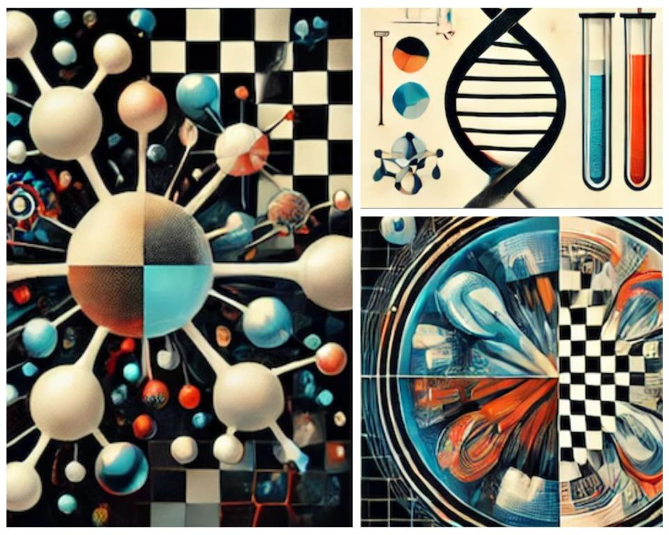 Photo collage of 3 concepts of AI in sustainability, biology, and health